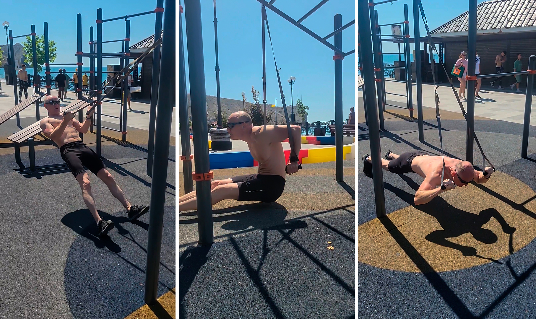 Пожилой мужчина в отличной форме тренируется с петлями FISIO на спортивной площадке